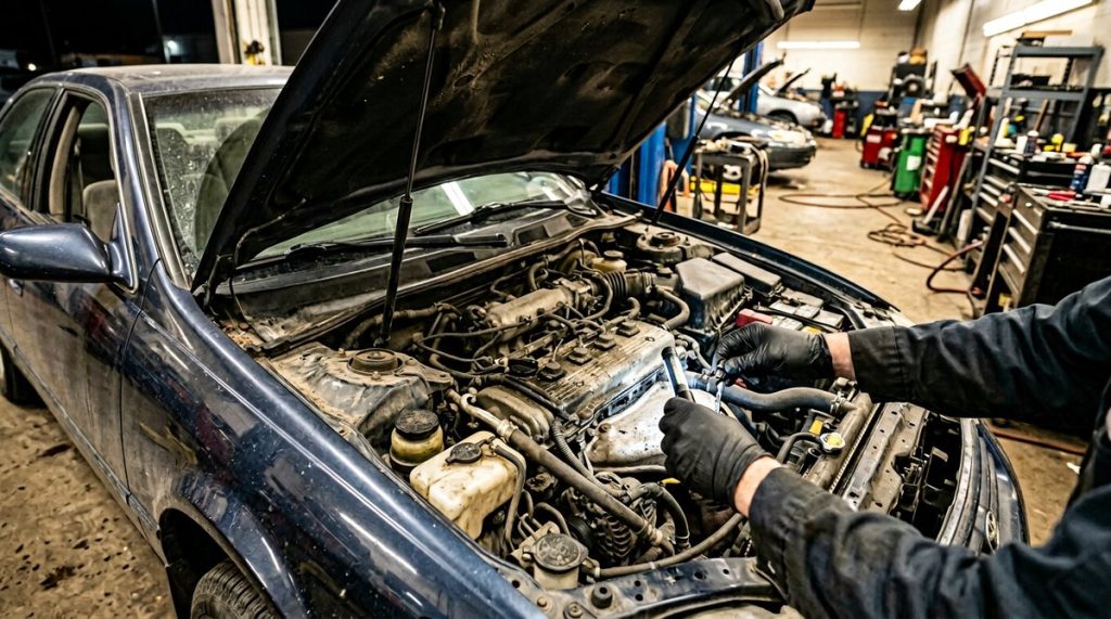 Inspeção visual do compartimento do motor de um carro usado