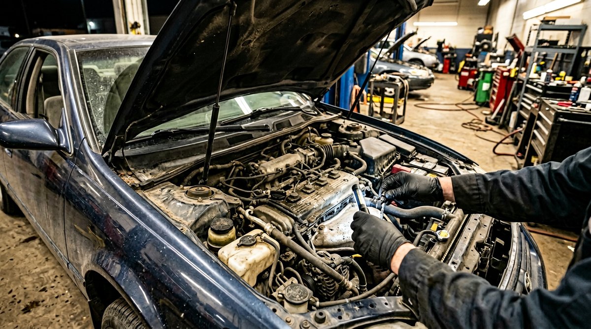 Inspeção visual do compartimento do motor de um carro usado