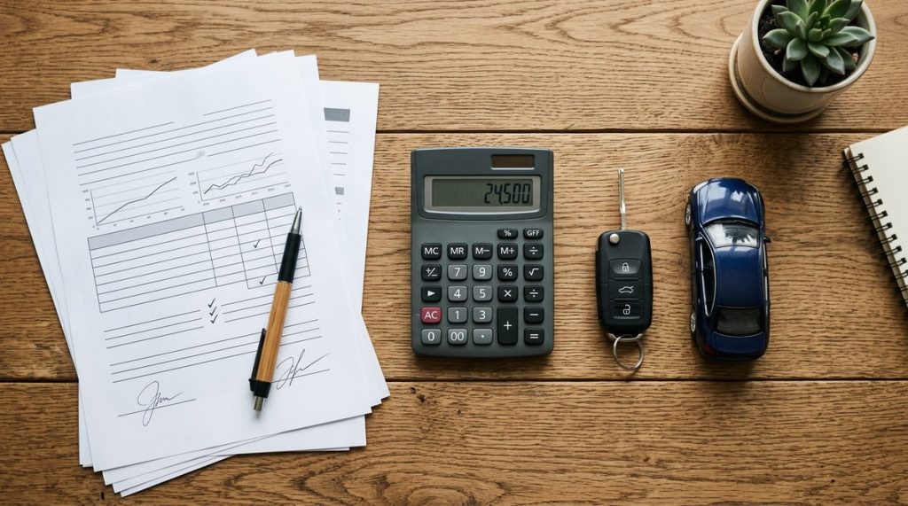 Chave de carro, calculadora e documentos financeiros sobre uma mesa