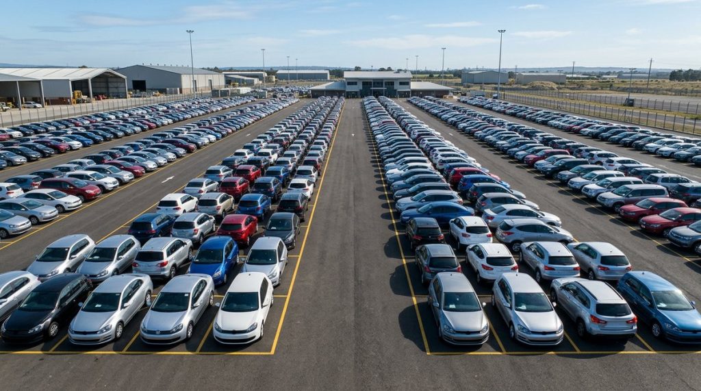 Pátio organizado de leilão com carros enfileirados