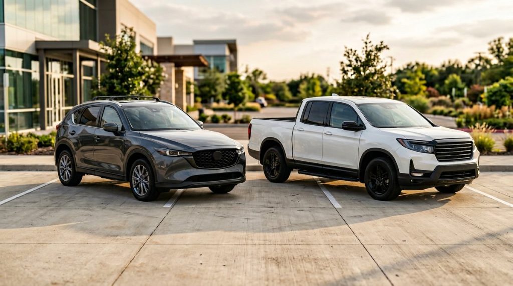 SUV e picape estacionados em pátio neutro