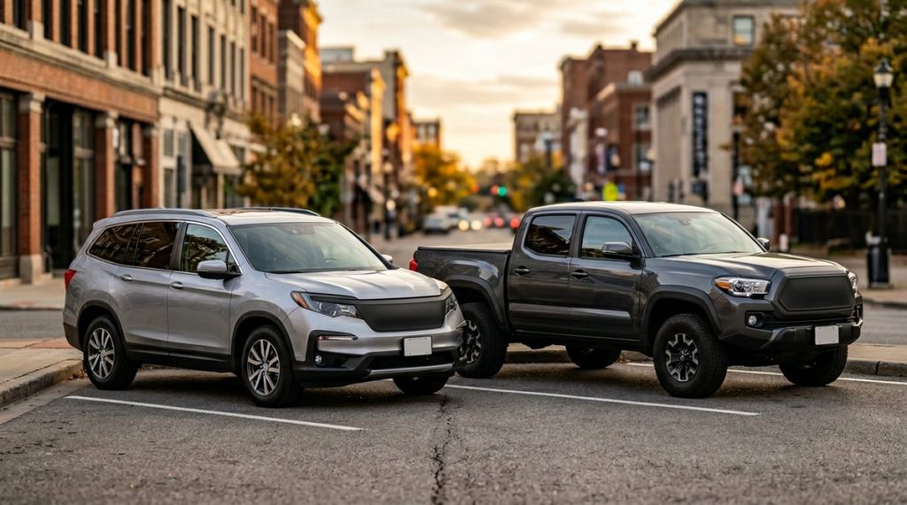 SUV e picape estacionados em via urbana